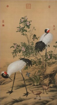  brillante Pintura - Lang brillantes grullas en flores tinta china antigua Giuseppe Castiglione